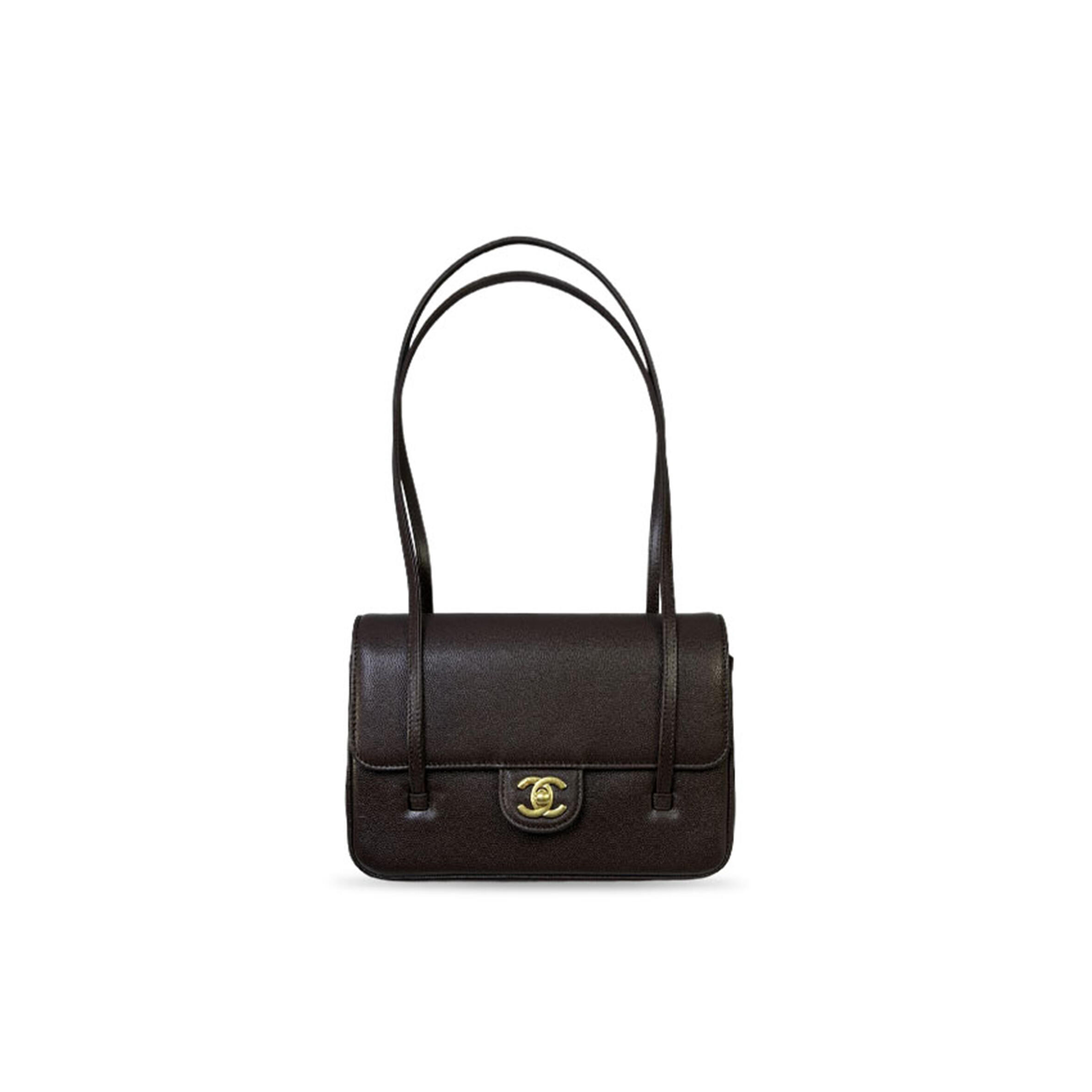 CHANEL SMALL PREPPY COCO FLAP BAG DARK BROWN SHINY CAVIAR BRUSHED GOLD HARDWARE (22*15*5cm)